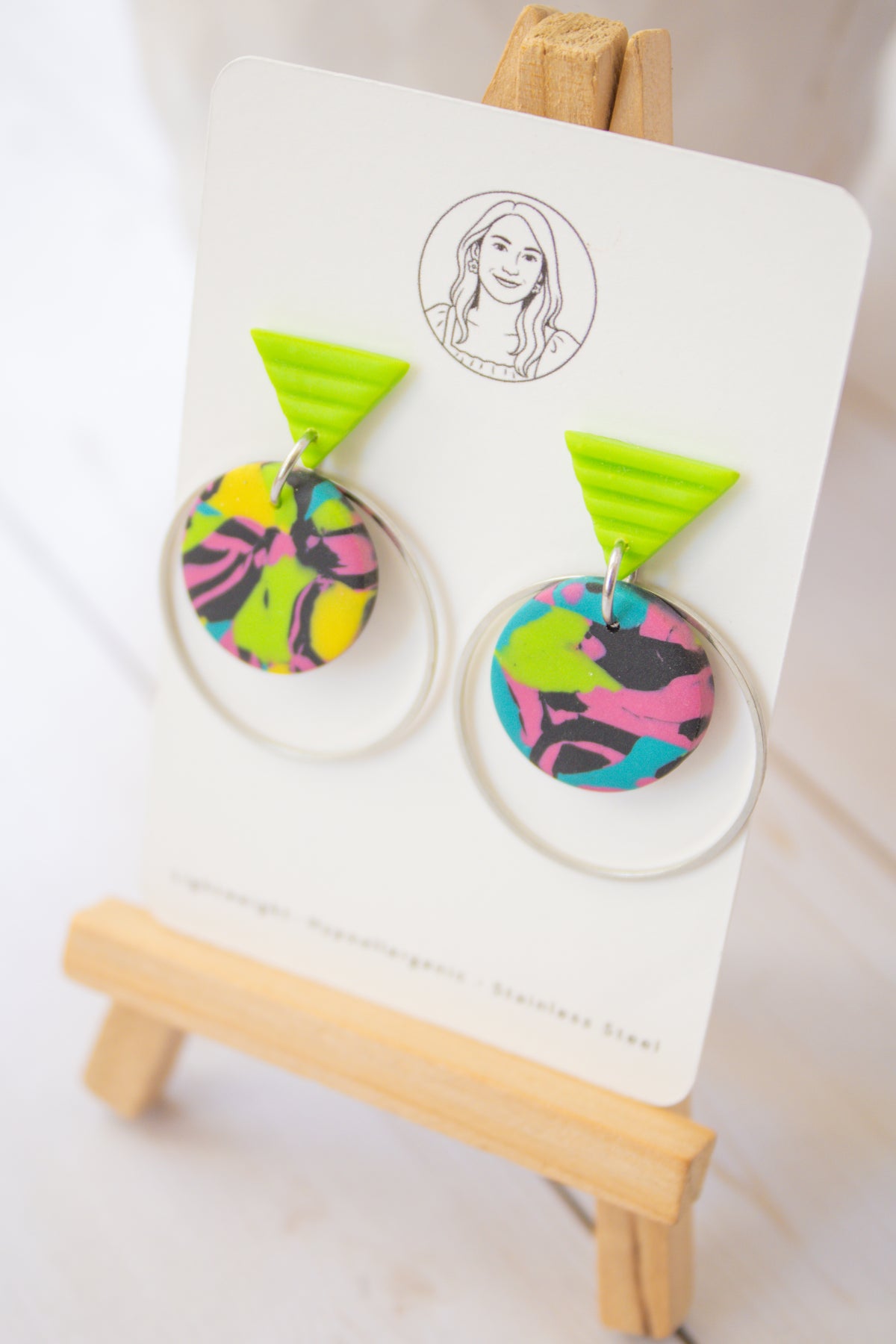 RR5 Retro Remix – Colorful Abstract Print Silver Hoop Earrings | Handmade Polymer Clay Hypoallergenic | Boutique Gift