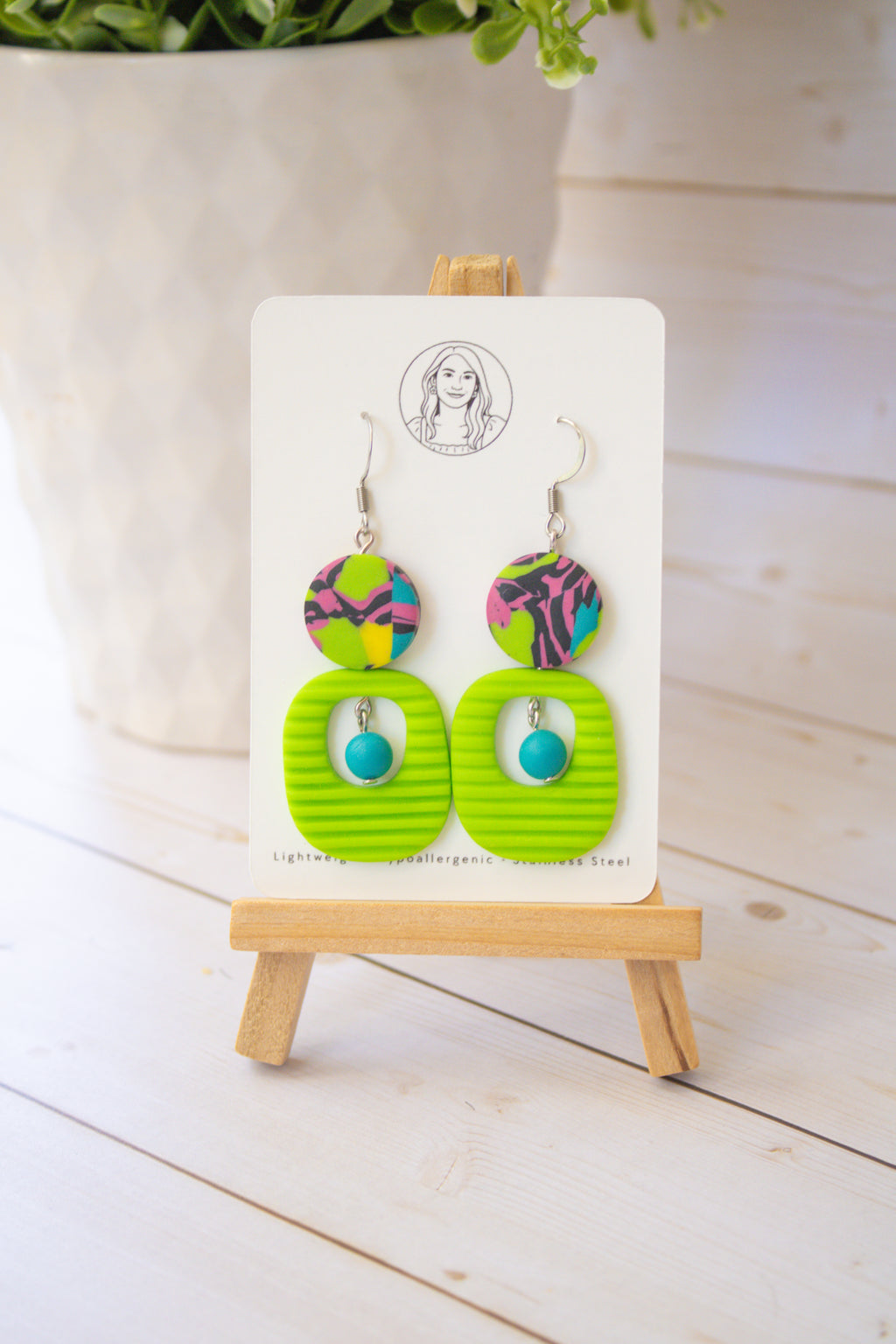 RR4 Funky Fresh – Neon Green Abstract Retro Geometric Drop Earrings | Handmade Polymer Clay Hypoallergenic | Boutique Gift