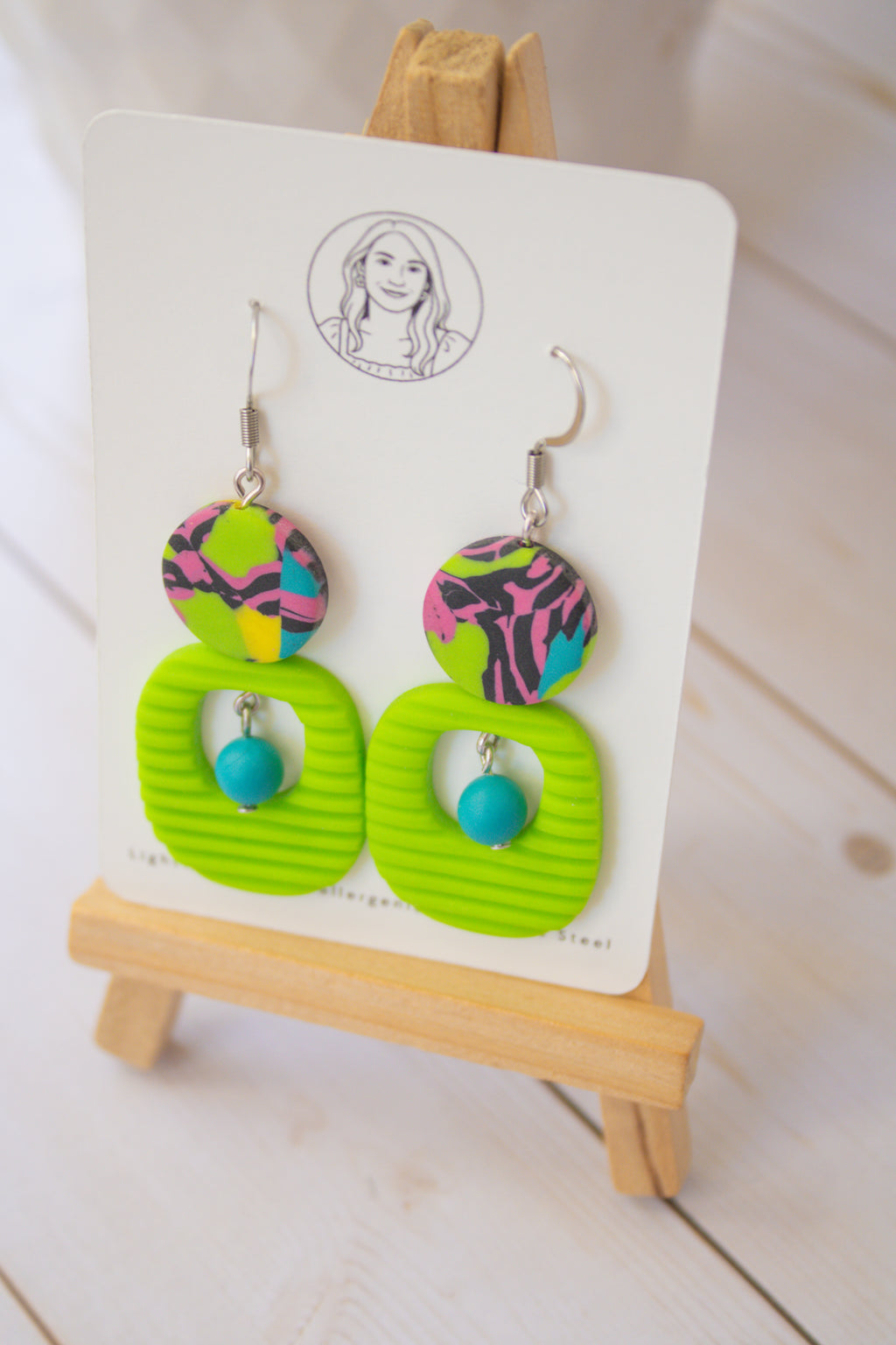 RR4 Funky Fresh – Neon Green Abstract Retro Geometric Drop Earrings | Handmade Polymer Clay Hypoallergenic | Boutique Gift
