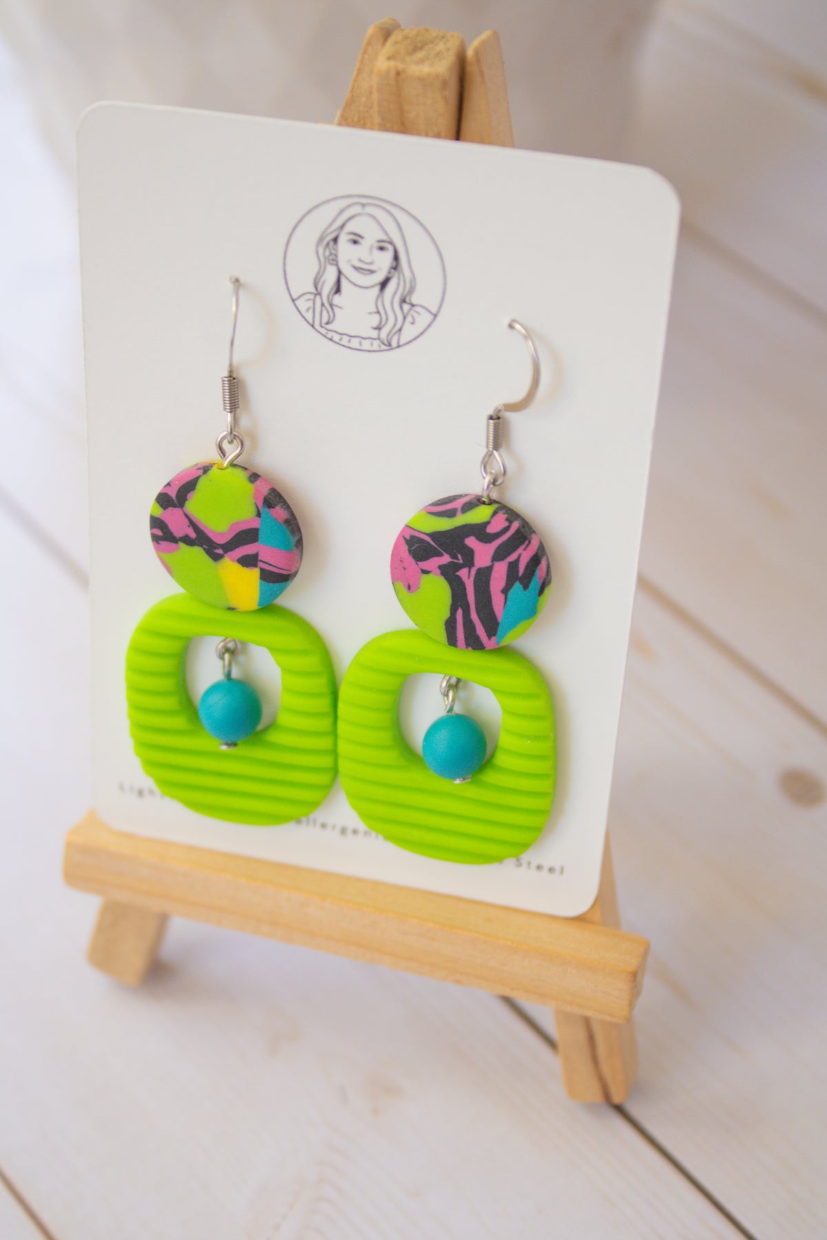 RR4 Funky Fresh – Neon Green Abstract Retro Geometric Drop Earrings | Handmade Polymer Clay Hypoallergenic | Boutique Gift