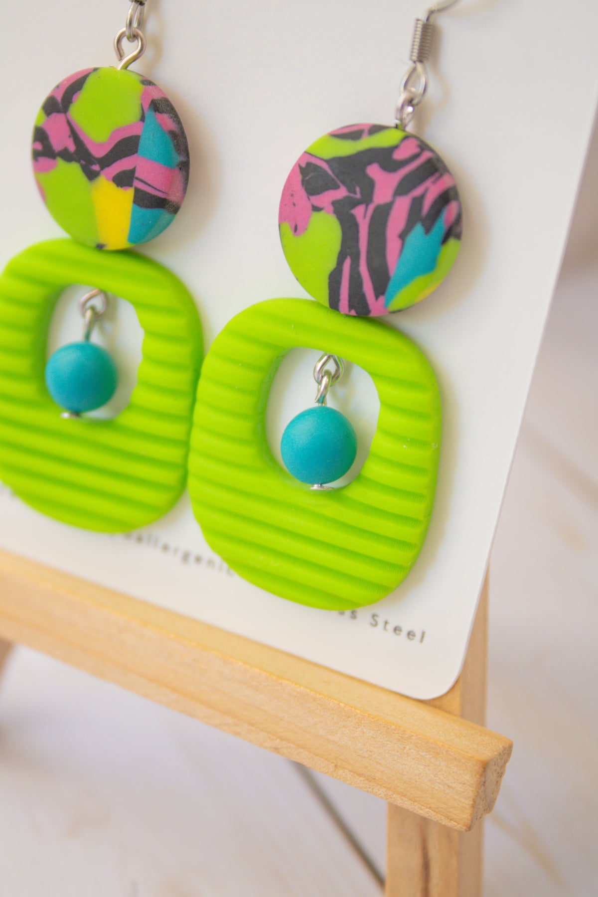 RR4 Funky Fresh – Neon Green Abstract Retro Geometric Drop Earrings | Handmade Polymer Clay Hypoallergenic | Boutique Gift