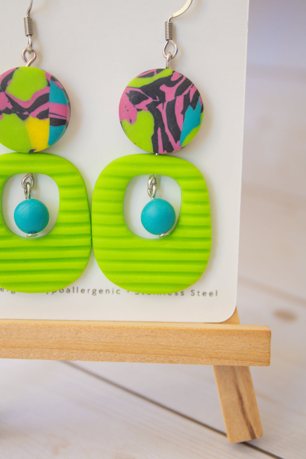 RR4 Funky Fresh – Neon Green Abstract Retro Geometric Drop Earrings | Handmade Polymer Clay Hypoallergenic | Boutique Gift