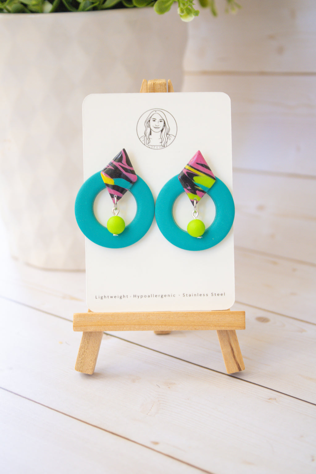 RR3 Totally Turquoise – 80s 90S Inspired Geometric Hoop Dangle Earrings | Handmade Polymer Clay Hypoallergenic | Boutique Gift