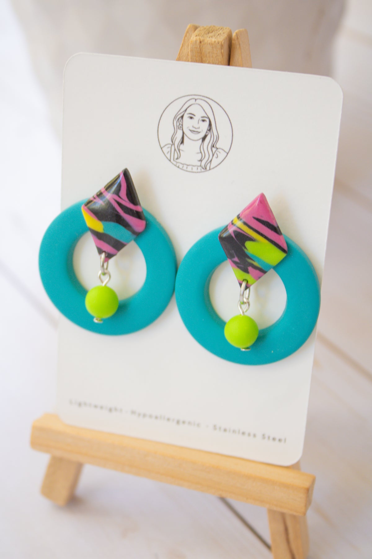 RR3 Totally Turquoise – 80s 90S Inspired Geometric Hoop Dangle Earrings | Handmade Polymer Clay Hypoallergenic | Boutique Gift