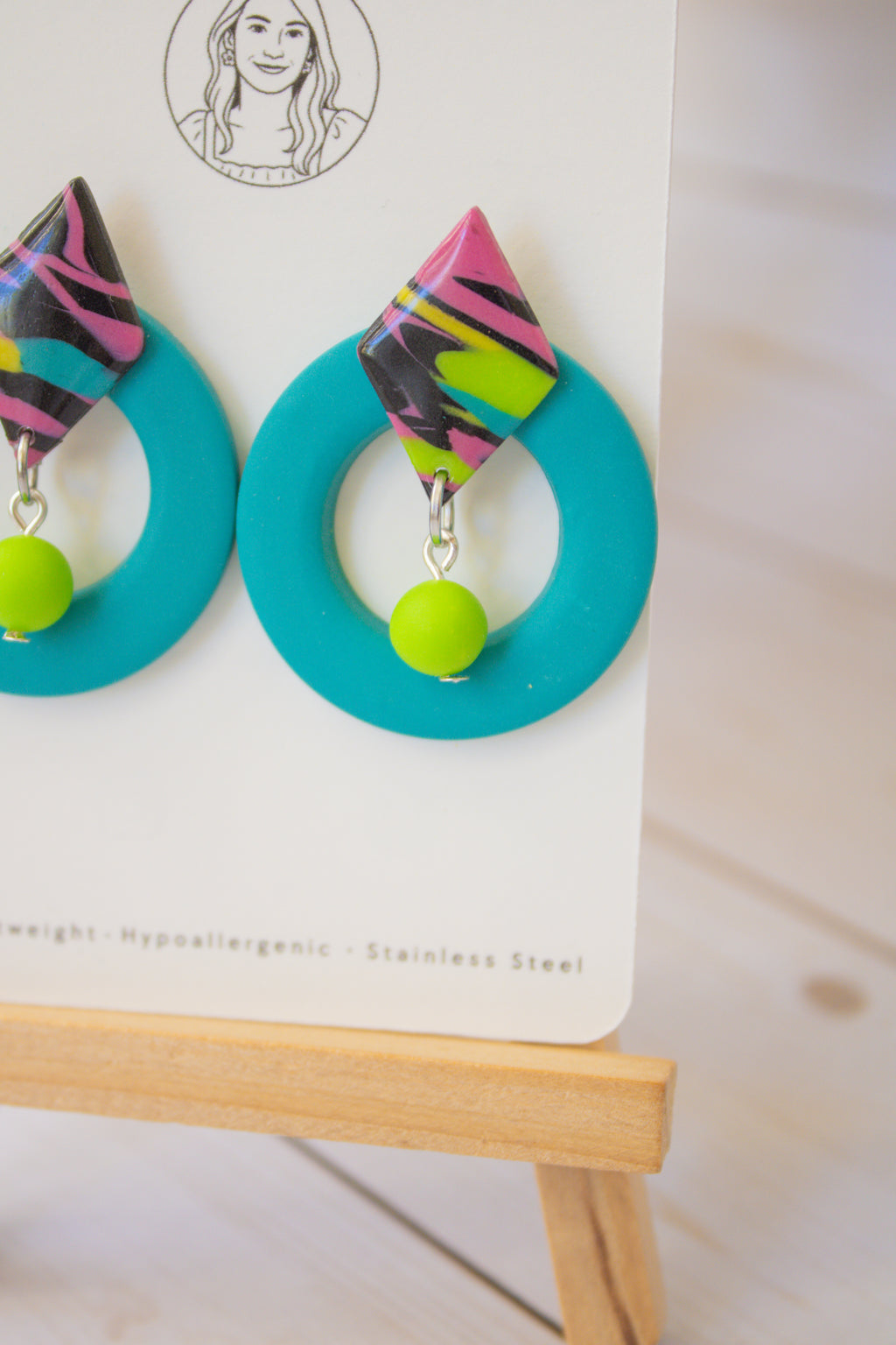 RR3 Totally Turquoise – 80s 90S Inspired Geometric Hoop Dangle Earrings | Handmade Polymer Clay Hypoallergenic | Boutique Gift