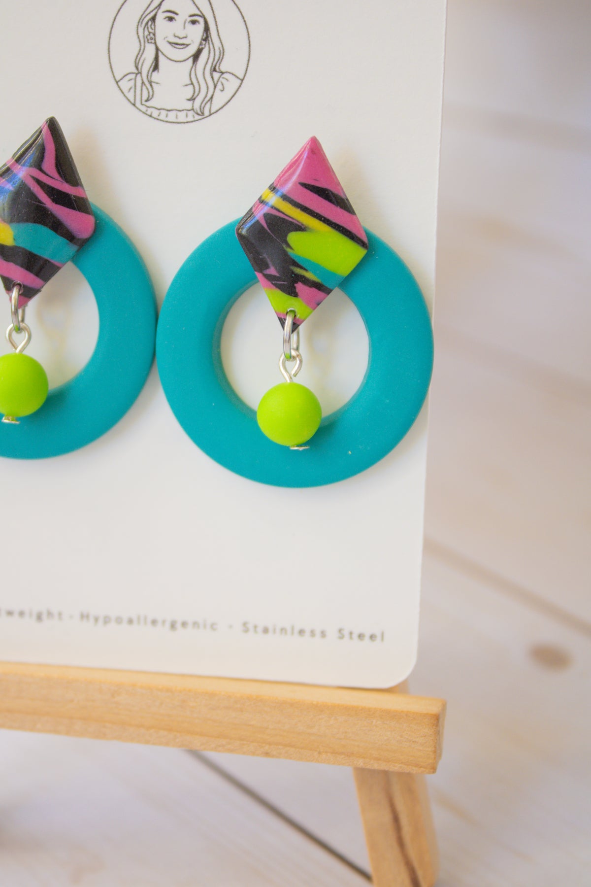 RR3 Totally Turquoise – 80s 90S Inspired Geometric Hoop Dangle Earrings | Handmade Polymer Clay Hypoallergenic | Boutique Gift