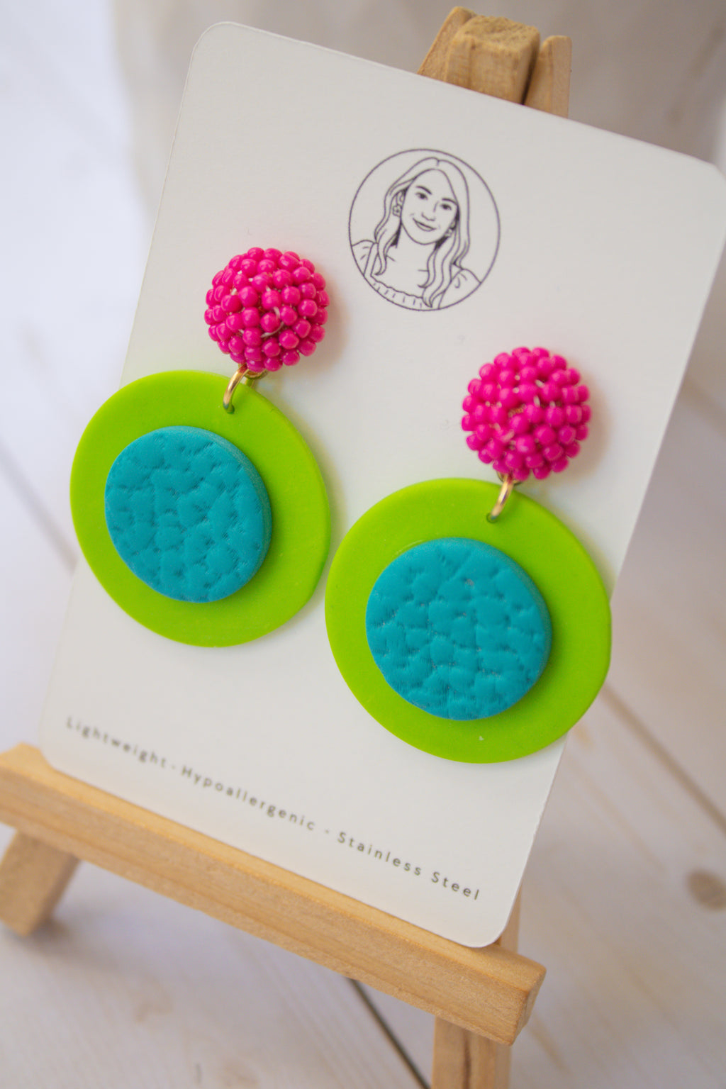 RR2 Electric Disco – Hot Pink & Lime Green Retro Circle Statement Earrings | Handmade Polymer Clay Hypoallergenic | Boutique Gift