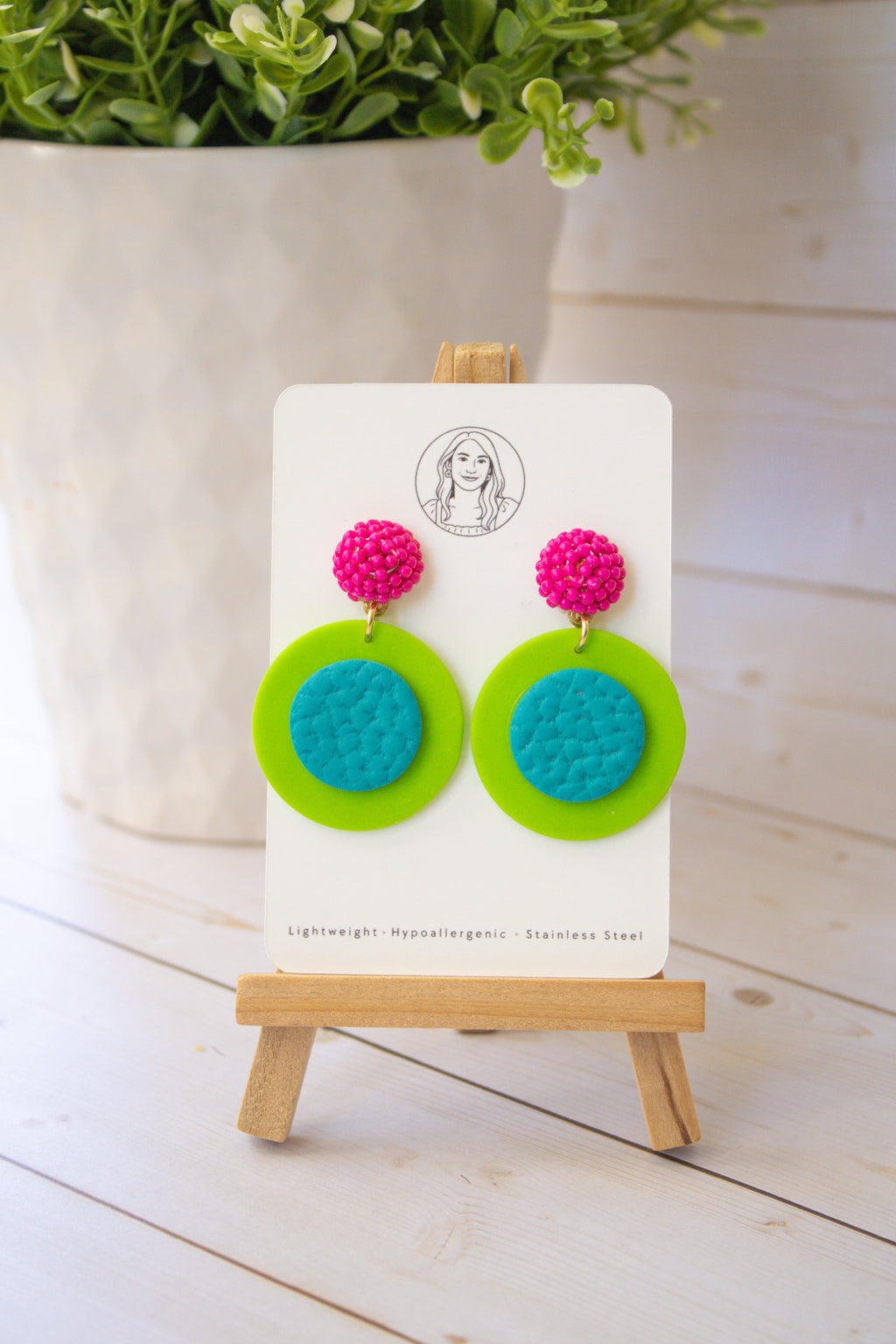 RR2 Electric Disco – Hot Pink & Lime Green Retro Circle Statement Earrings | Handmade Polymer Clay Hypoallergenic | Boutique Gift