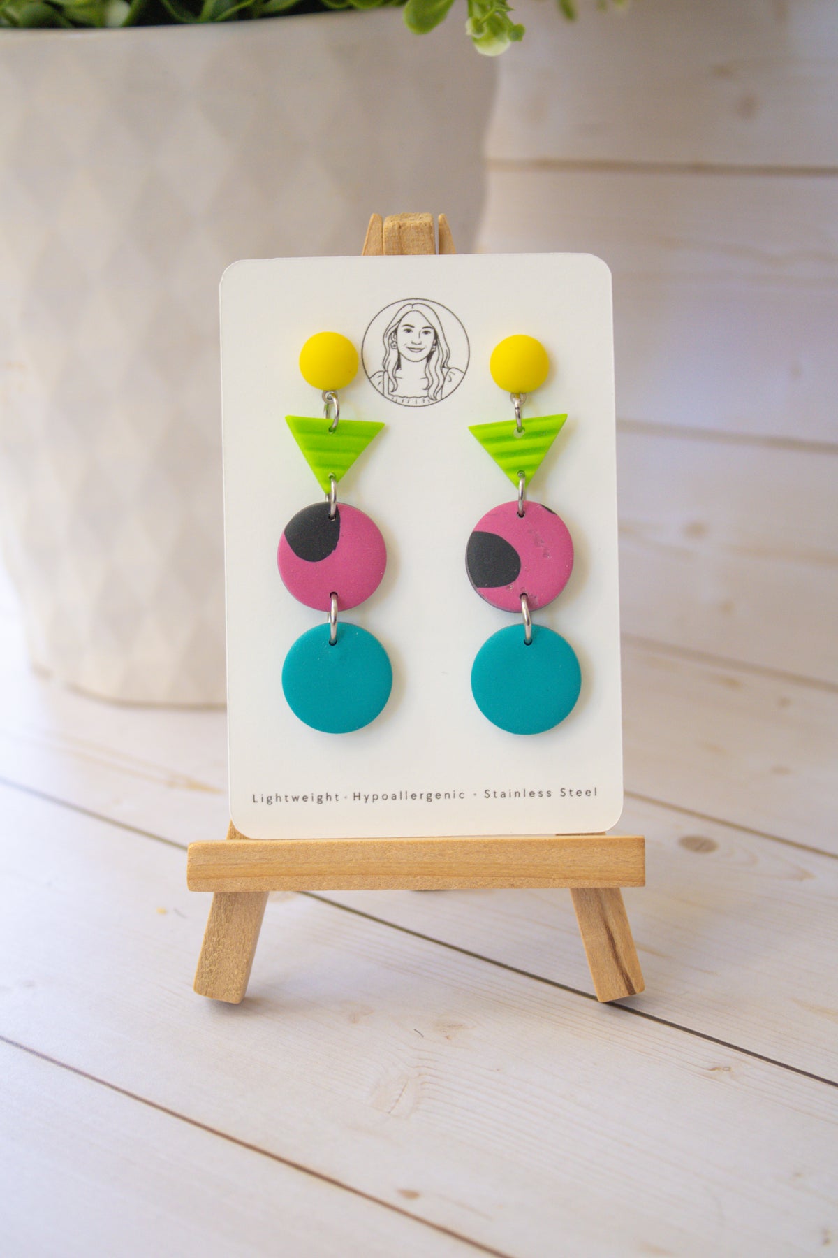 RR1 Neon Pop – 80s 90s Inspired Colorful Geometric Dangle Earrings | Handmade Polymer Clay Hypoallergenic | Boutique Gift