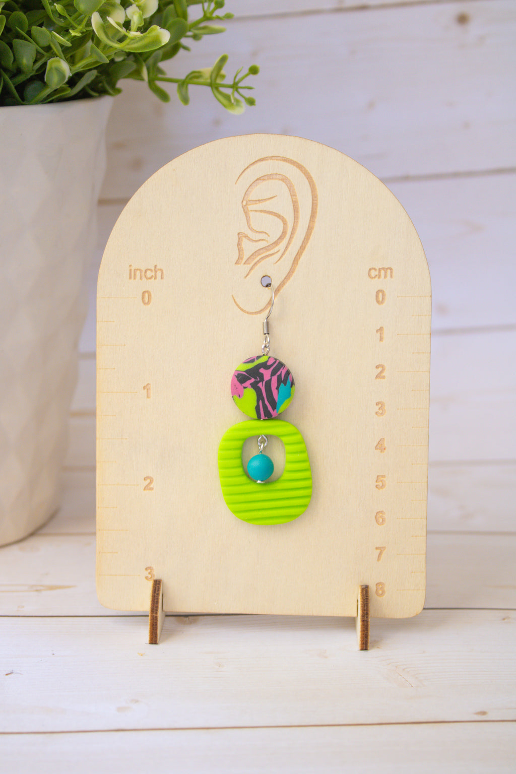 RR4 Funky Fresh – Neon Green Abstract Retro Geometric Drop Earrings | Handmade Polymer Clay Hypoallergenic | Boutique Gift