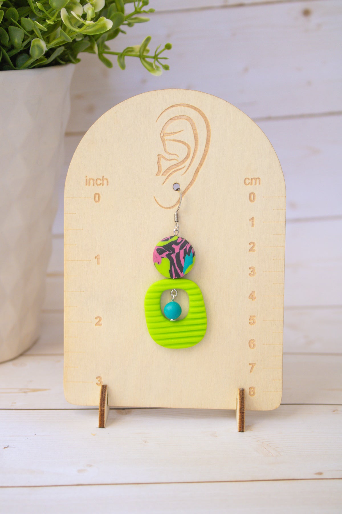 RR4 Funky Fresh – Neon Green Abstract Retro Geometric Drop Earrings | Handmade Polymer Clay Hypoallergenic | Boutique Gift