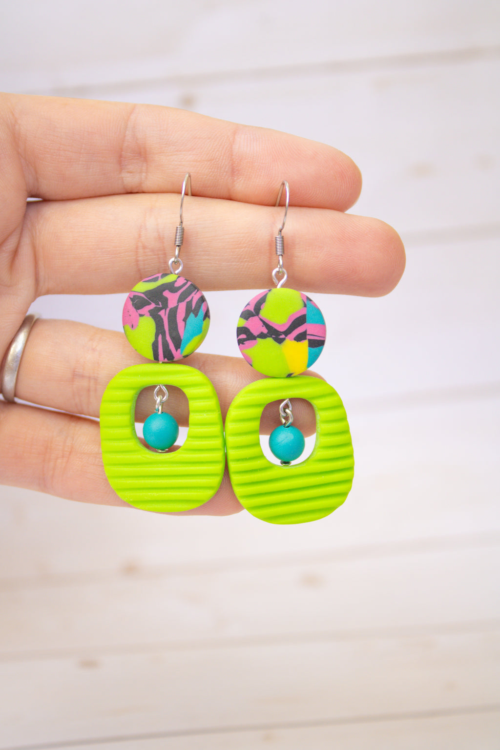 RR4 Funky Fresh – Neon Green Abstract Retro Geometric Drop Earrings | Handmade Polymer Clay Hypoallergenic | Boutique Gift
