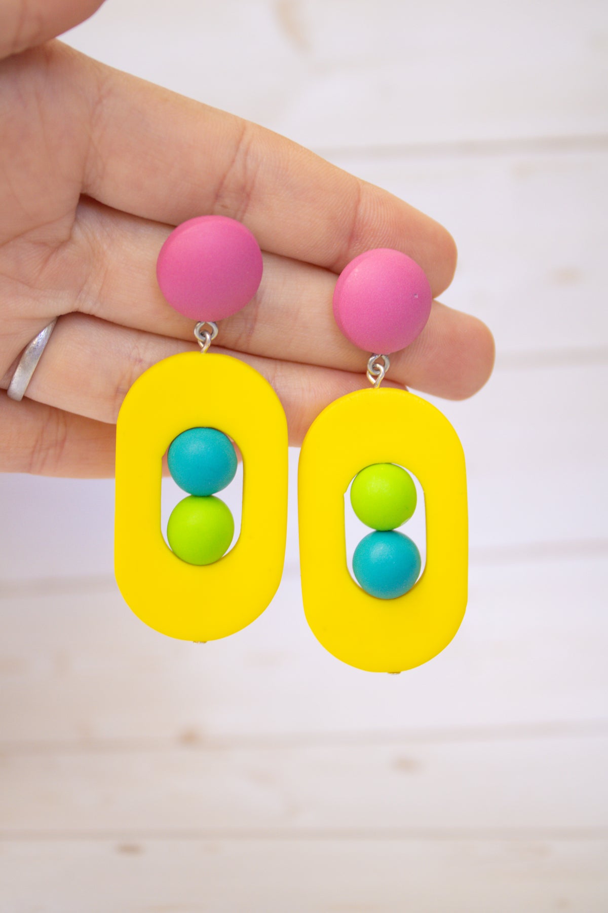 RR6 Color Me Happy – Bright Yellow Geometric Statement Dangle Earrings | Handmade Polymer Clay Hypoallergenic | Boutique Gift