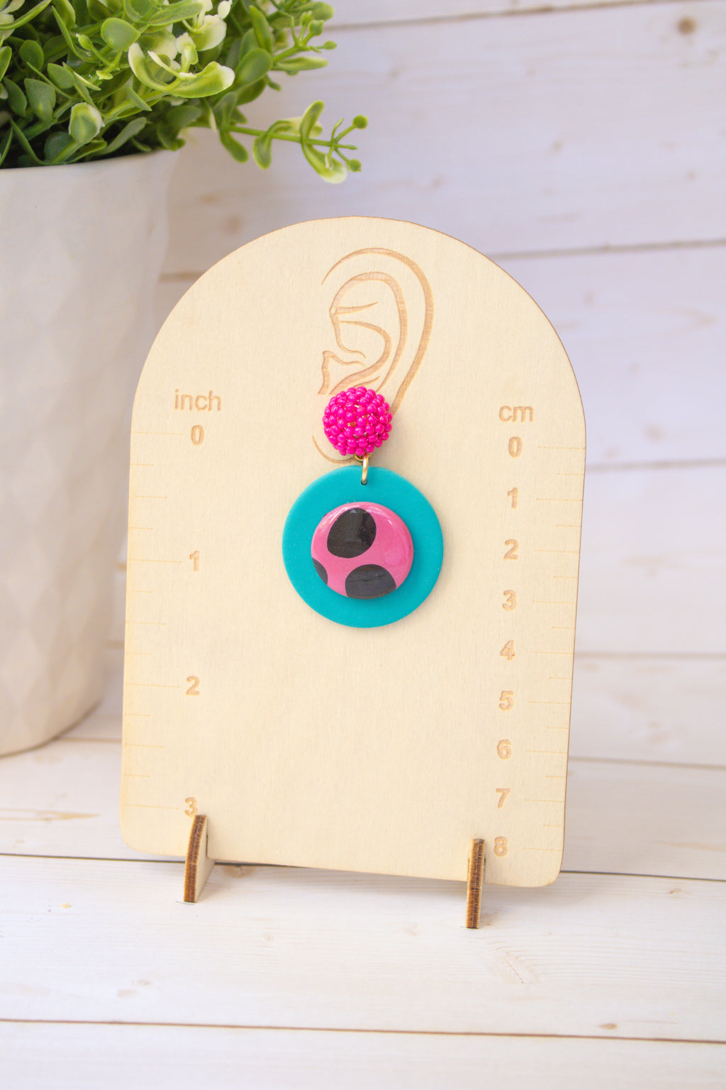 RR12 Retro Polka Pop – Turquoise & Pink Polka Dot Circle Earrings| Handmade Polymer Clay Hypoallergenic | Boutique Gift