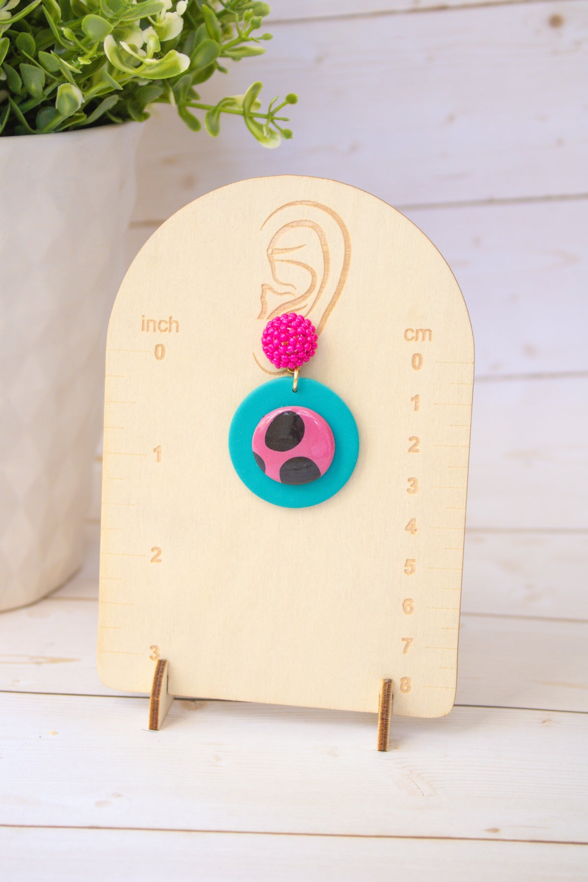 RR12 Retro Polka Pop – Turquoise & Pink Polka Dot Circle Earrings| Handmade Polymer Clay Hypoallergenic | Boutique Gift