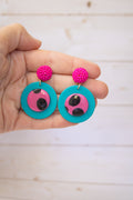 RR12 Retro Polka Pop – Turquoise & Pink Polka Dot Circle Earrings| Handmade Polymer Clay Hypoallergenic | Boutique Gift