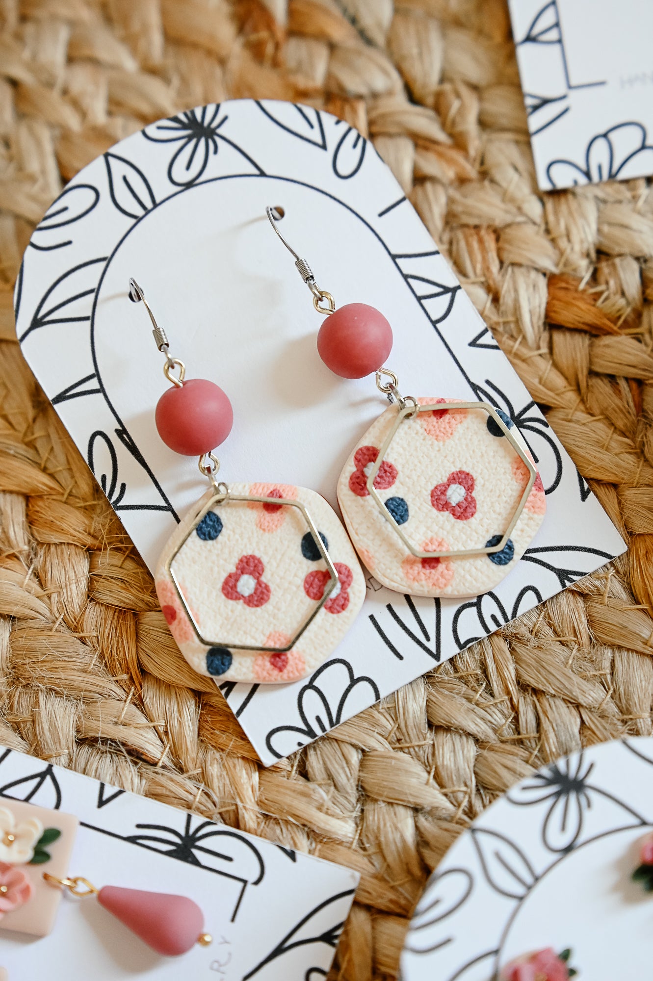 PLF5 Pink Coral Geo Bloom Dangle Earrings – Lightweight Polymer Clay Statement Jewelry