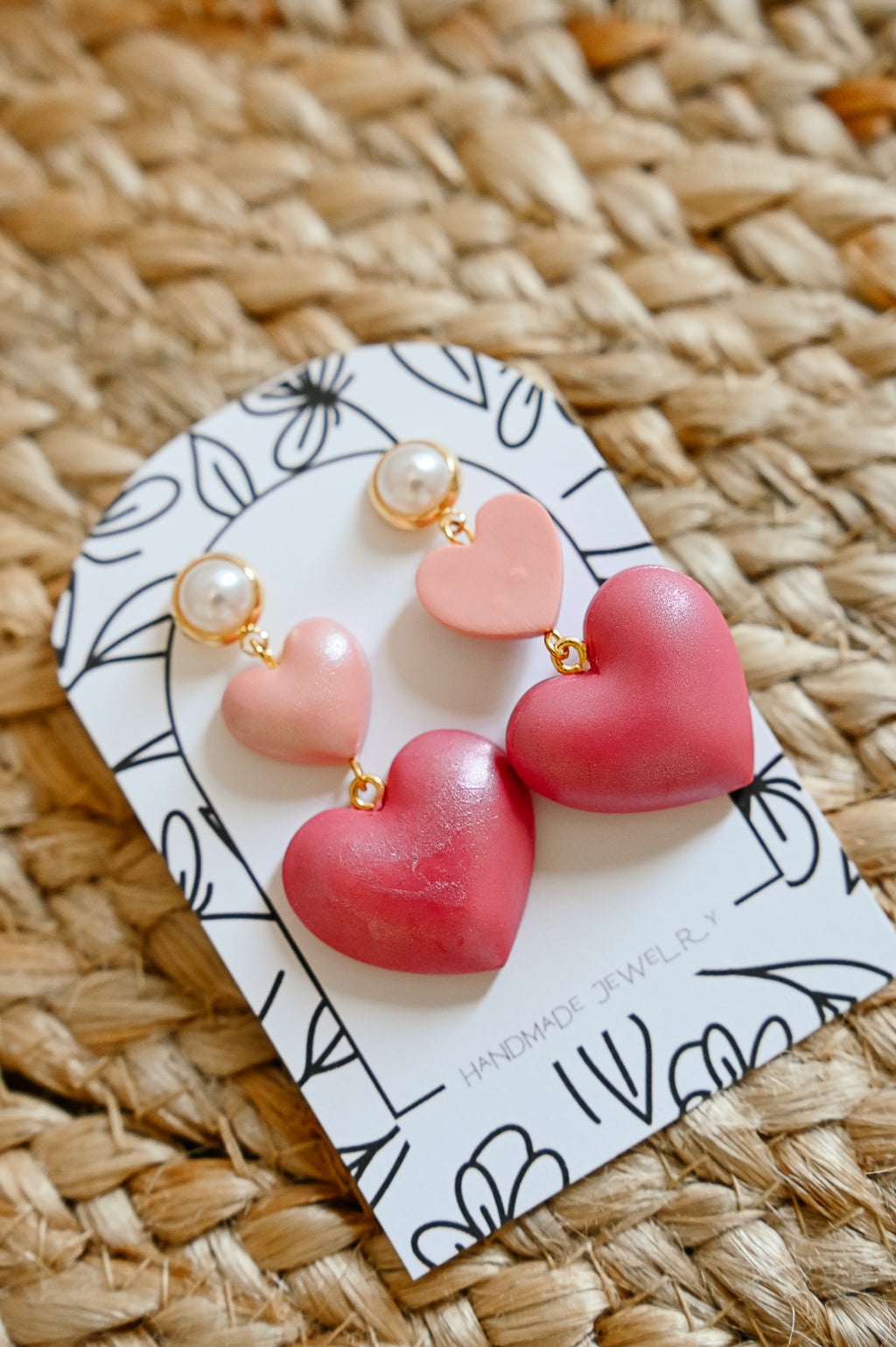 L5 Heart Inspired Earrings, Handmade Polymer Clay Jewelry, Neutral Soft Tones, Red, PINK