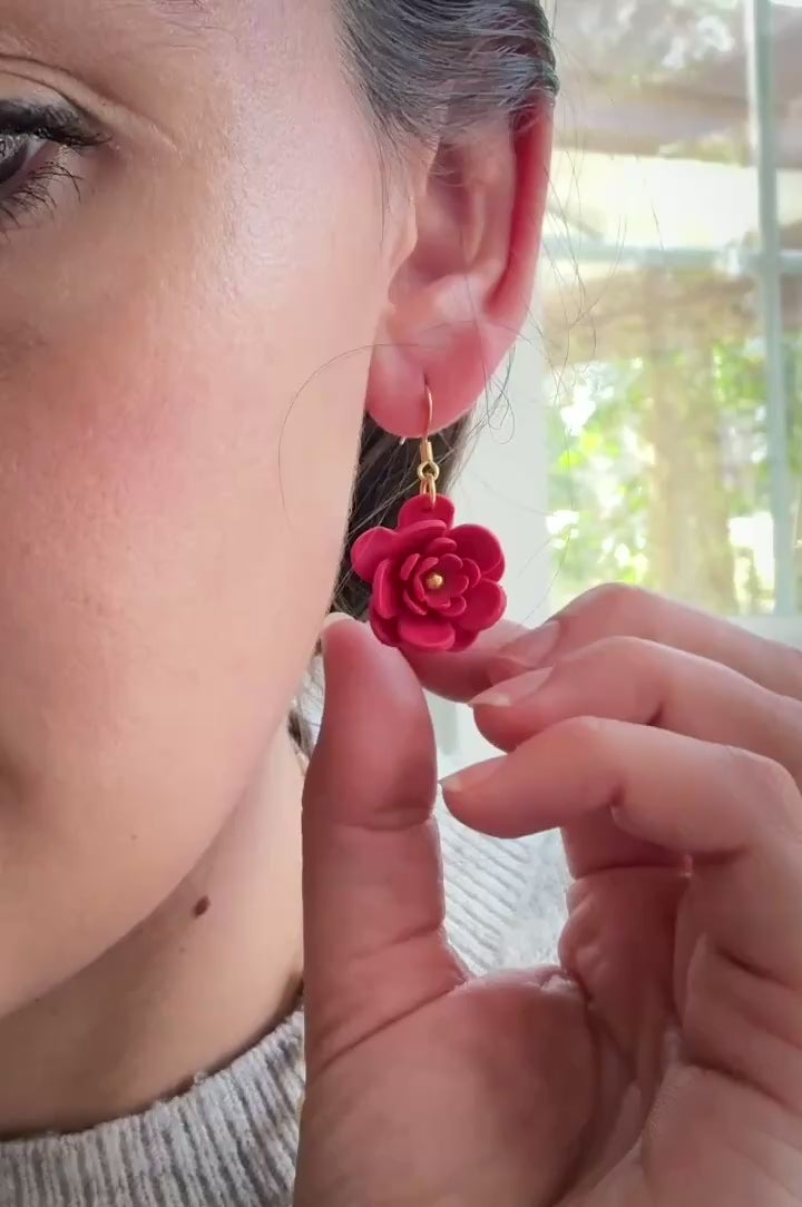 Flowers Handmade Gold Hypoallergenic Stainless Steel Earrings, Floral Polymer Clay Jewelry, Pink, Black, Blue, Purple, Yellow