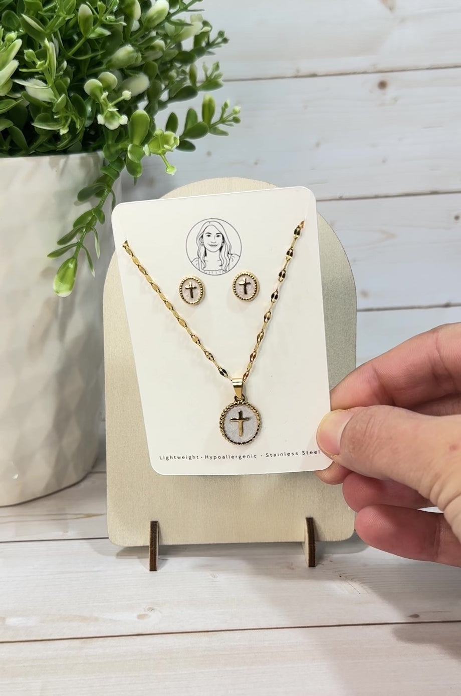 RG14 Faith Inspired Cross Earring & Necklace Set | Christian Gift | Delicate Jewelry | Stainless Steel Gold Plated Fine Jewelry