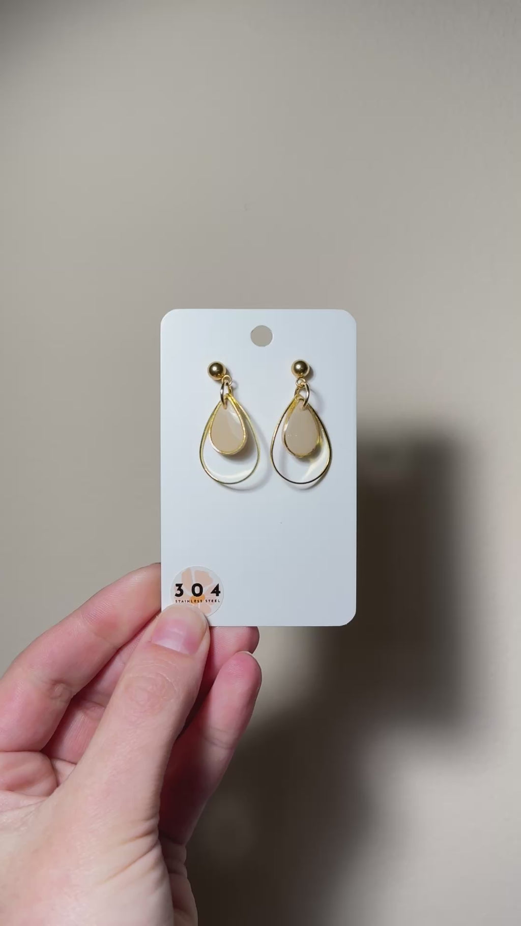 DIANA2 Small Teardrop Dangle Earring, Gold Beige Peach Pink, Lightweight Polymer Clay Handmade Earrings, Everyday Wear