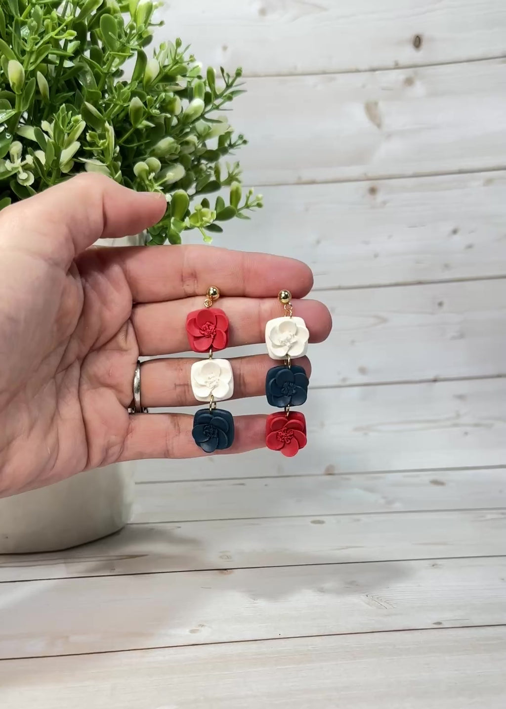 FSS11 Americana Red White and Blue Stars & Stripes Earrings | Patriotic Handmade Polymer Clay Hypoallergenic | 4th of July