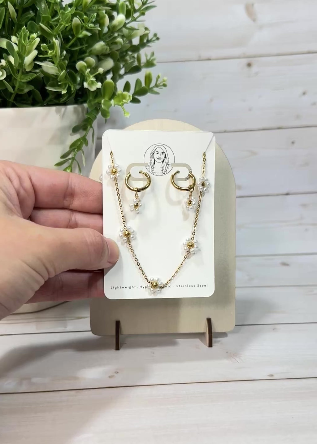 P10 Braided Elegant Stainless Steel Gold, Floral Earrings & Necklace Set | Pearl Jewelry |Gift Set