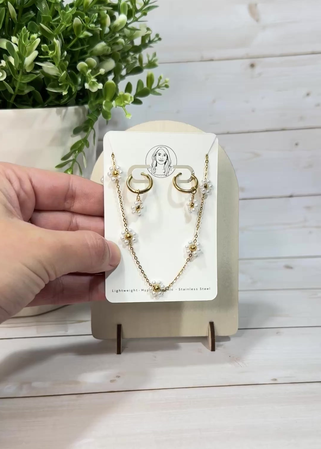P10 Braided Elegant Stainless Steel Gold, Floral Earrings & Necklace Set | Pearl Jewelry |Gift Set